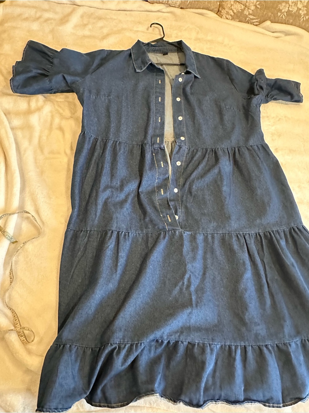 SHEIN Dark Blue Denim Button-Front Tiered Midi Dress